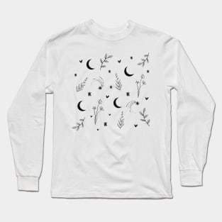 moon and stars black and white pattern floral space Long Sleeve T-Shirt